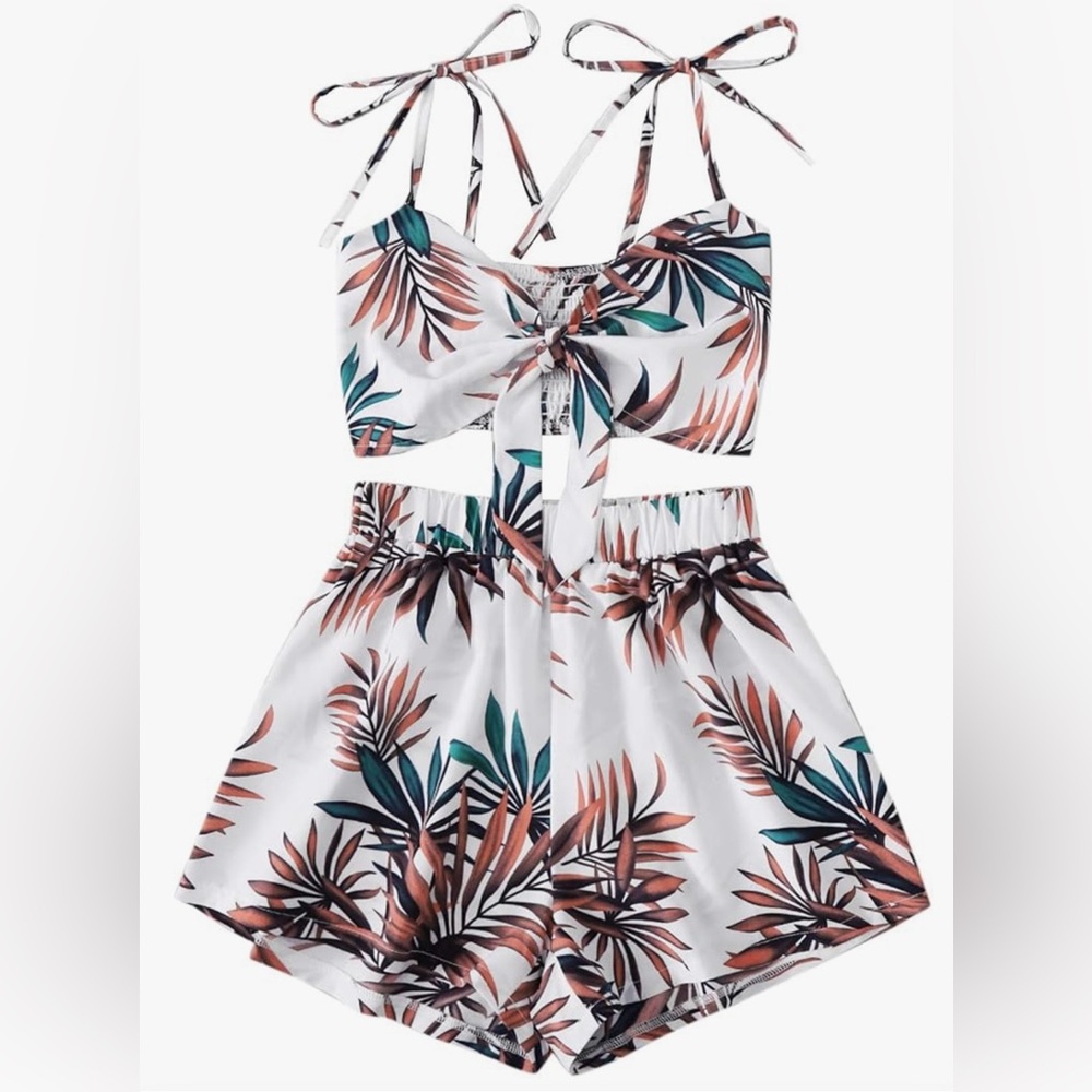 Tropical Leaf Print Two-Piece Set
